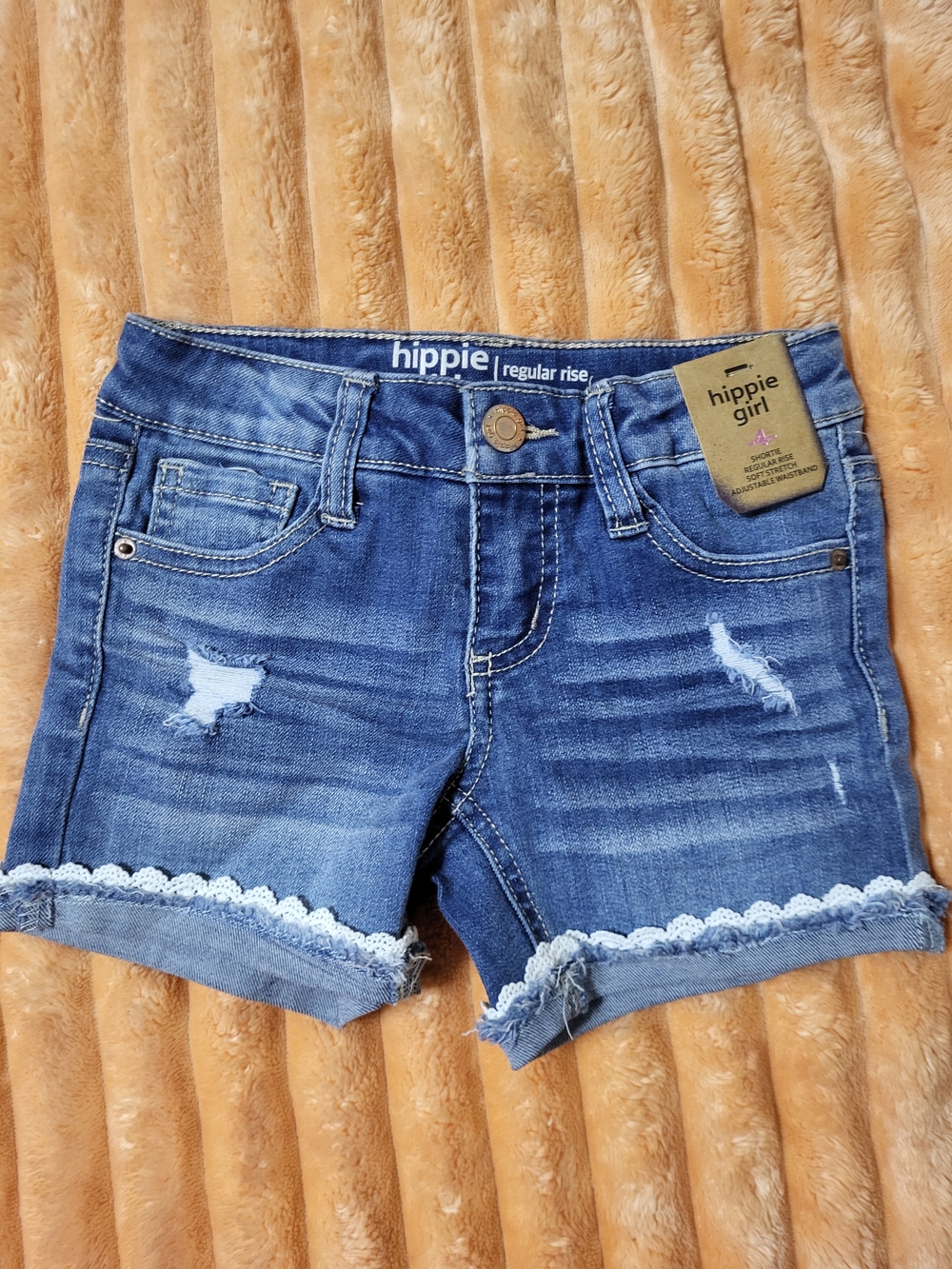 Hippie Girl Kids Blue Denim Shorts with Lace Trim
